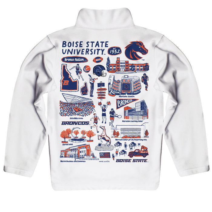 Boise State University Broncos Hand Sketched Vive La Fete Impressions Artwork White Boys Quarter Zip Pullover V1 - Vive La Fête - Online Apparel Store