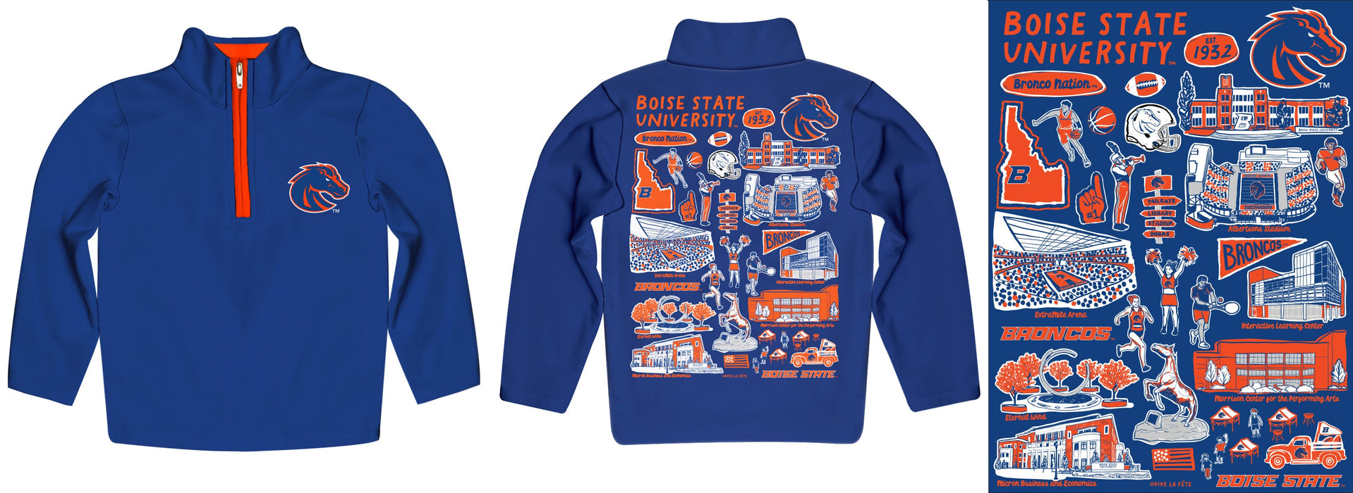 Boise State University Broncos Hand Sketched Vive La Fete Impressions Artwork Blue Boys Quarter Zip Pullover V1 - Vive La Fête - Online Apparel Store