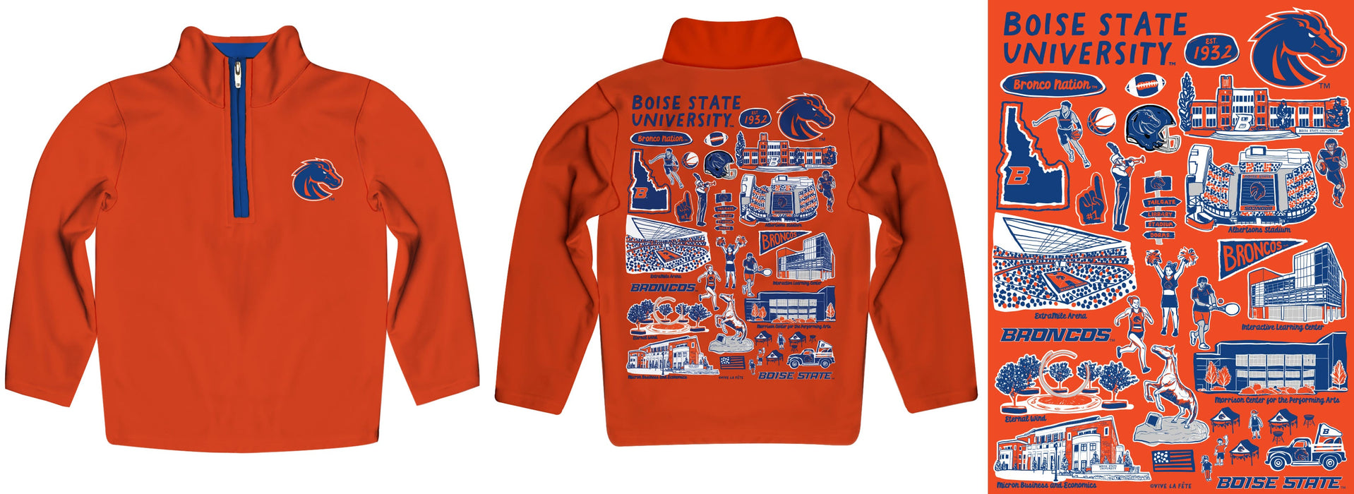 Boise State University Broncos Hand Sketched Vive La Fete Impressions Artwork Orange Boys Quarter Zip Pullover V1 - Vive La Fête - Online Apparel Store