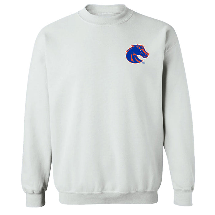 Boise State University Broncos Hand Sketched Vive La Fete Impressions Artwork White Crew Neck Sweatshirt for Women