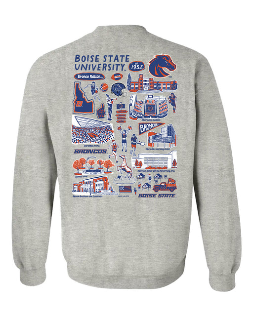 Boise State University Broncos Hand Sketched Artwork Gray Crewneck Sweatshirt for Women - Vive La Fête - Online Apparel Store
