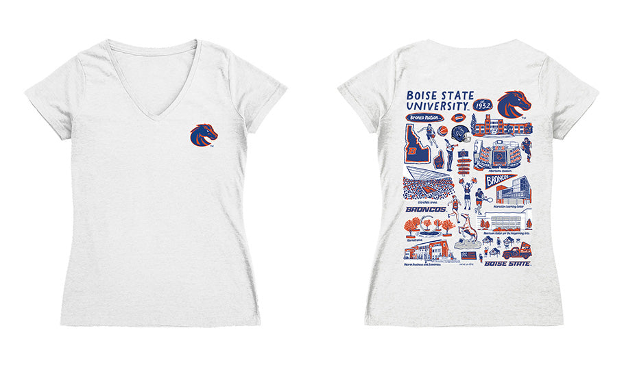 Boise State Broncos Hand Sketched Vive La Fete Impressions Artwork Royal Women Cotton Short Sleeve V-Neck Tshirt
