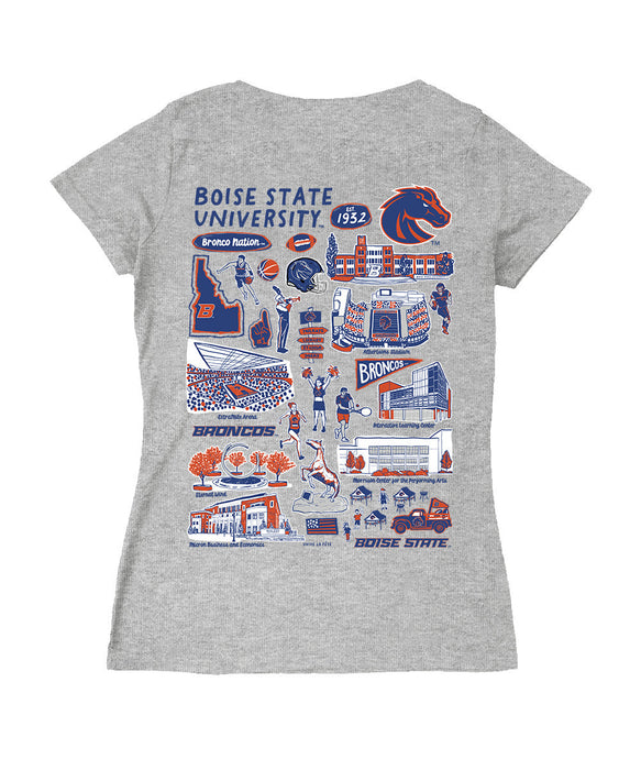 Boise State Broncos Hand Sketched Vive La Fete Impressions Artwork Royal Women Cotton Short Sleeve V-Neck Tshirt