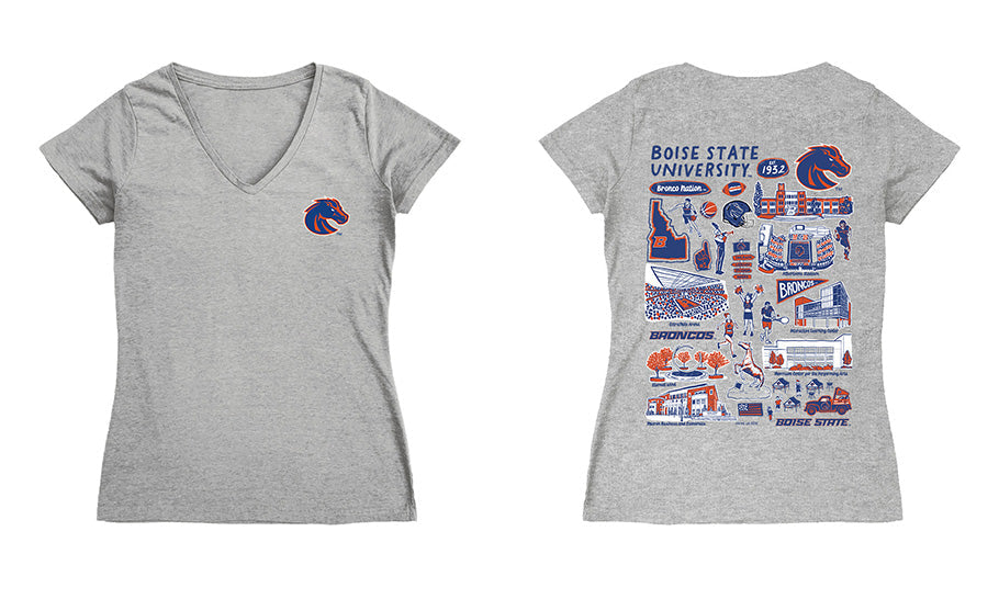 Boise State Broncos Hand Sketched Vive La Fete Impressions Artwork Royal Women Cotton Short Sleeve V-Neck Tshirt