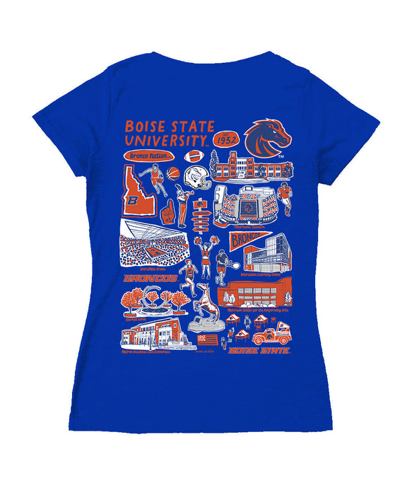 Boise State Broncos Hand Sketched Vive La Fete Impressions Artwork Royal Women Cotton Short Sleeve V-Neck Tshirt