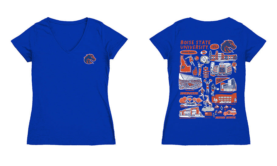 Boise State Broncos Hand Sketched Vive La Fete Impressions Artwork Royal Women Cotton Short Sleeve V-Neck Tshirt