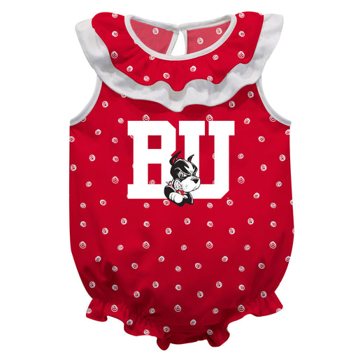 Boston Terriers Swirls Red Sleeveless Ruffle Onesie Logo Bodysuit