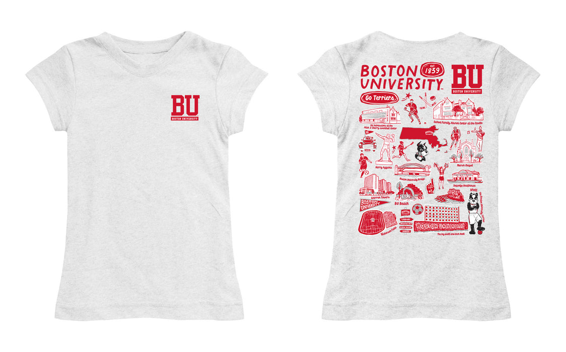 Boston University Hand Sketched Vive La Fete Impressions Artwork White Girls Cotton Short Sleeve Tee - Vive La Fête - Online Apparel Store