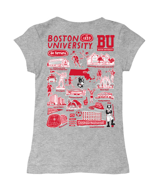 Boston University Hand Sketched Vive La Fete Impressions Artwork Grey Girls Cotton Short Sleeve Tee - Vive La Fête - Online Apparel Store