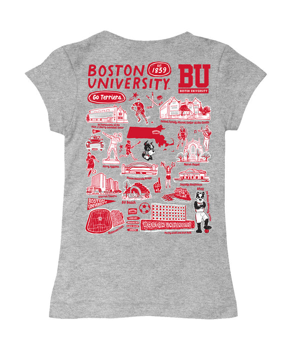 Boston University Hand Sketched Vive La Fete Impressions Artwork Grey Girls Cotton Short Sleeve Tee - Vive La Fête - Online Apparel Store