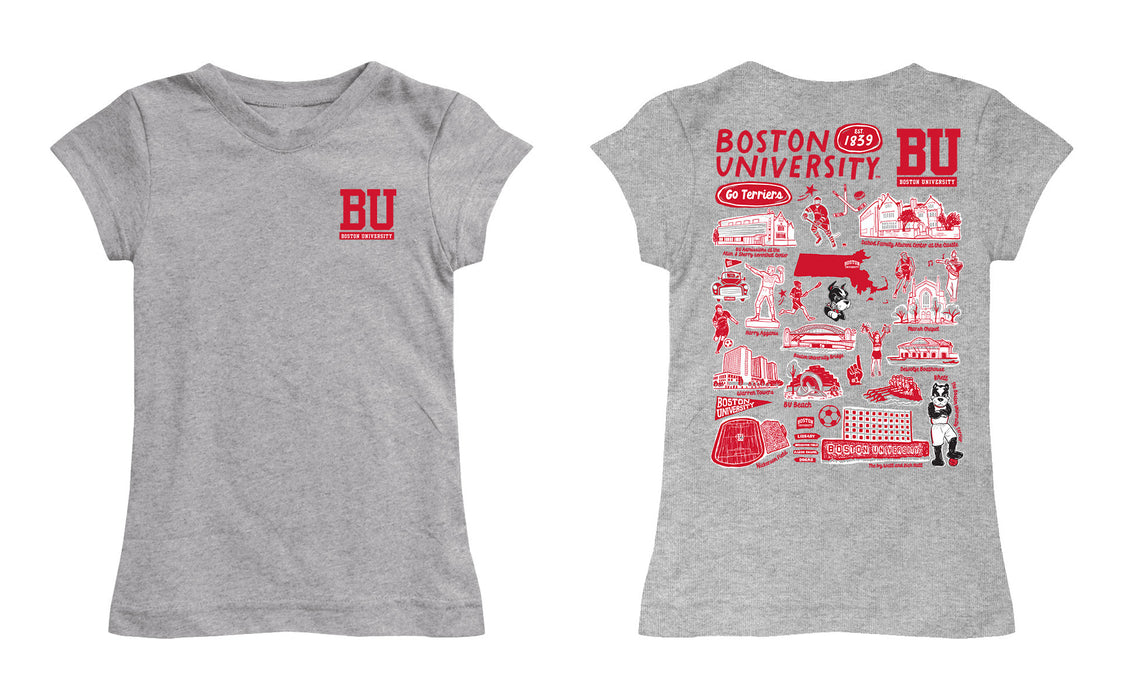 Boston University Hand Sketched Vive La Fete Impressions Artwork Grey Girls Cotton Short Sleeve Tee - Vive La Fête - Online Apparel Store