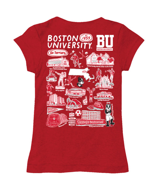 Boston University Hand Sketched Vive La Fete Impressions Artwork Red Girls Cotton Short Sleeve Tee - Vive La Fête - Online Apparel Store