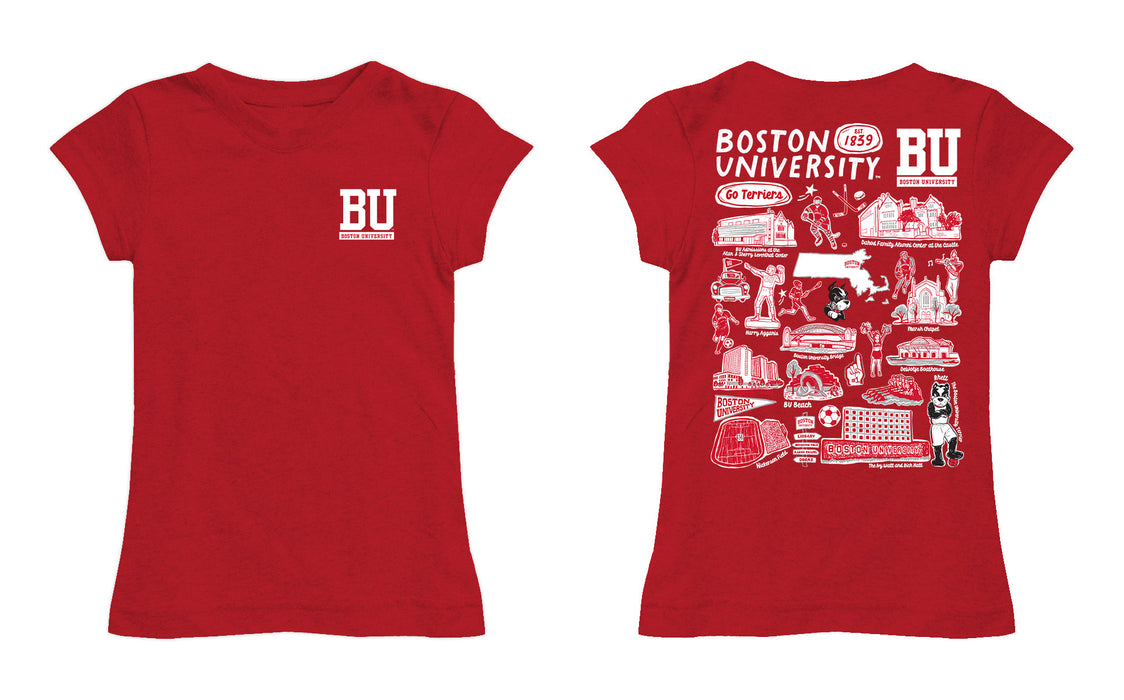Boston University Hand Sketched Vive La Fete Impressions Artwork Red Girls Cotton Short Sleeve Tee - Vive La Fête - Online Apparel Store