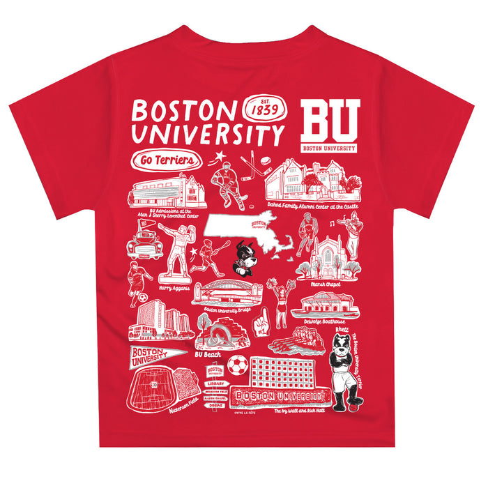 Boston University Terriers Hand Sketched Vive La Fete Impressions Artwork Boys Red Short Sleeve Tee Shirt