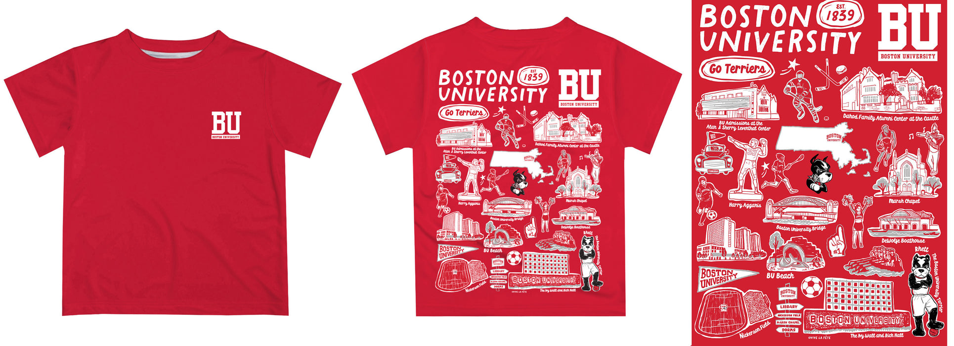 Boston University Terriers Hand Sketched Vive La Fete Impressions Artwork Boys Red Short Sleeve Tee Shirt - Vive La Fête - Online Apparel Store