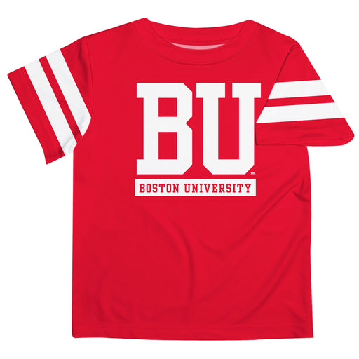 Boston Terriers Vive La Fete Boys Game Day Red Short Sleeve Tee with Stripes on Sleeves