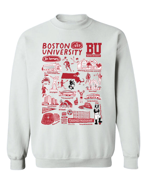 Boston University Hand Sketched Vive La Fete Impressions White Cotton Crewneck Sweatshirt for Women