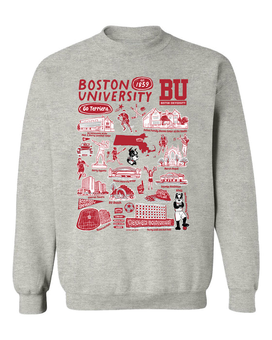 Boston University Hand Sketched Vive La Fete Impressions Grey Cotton Crewneck Sweatshirt for Women