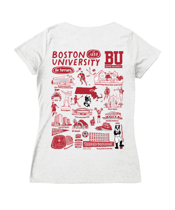 Boston University Hand Sketched Vive La Fete Impressions Artwork Red Women Cotton Short Sleeve V-Neck Tshirt