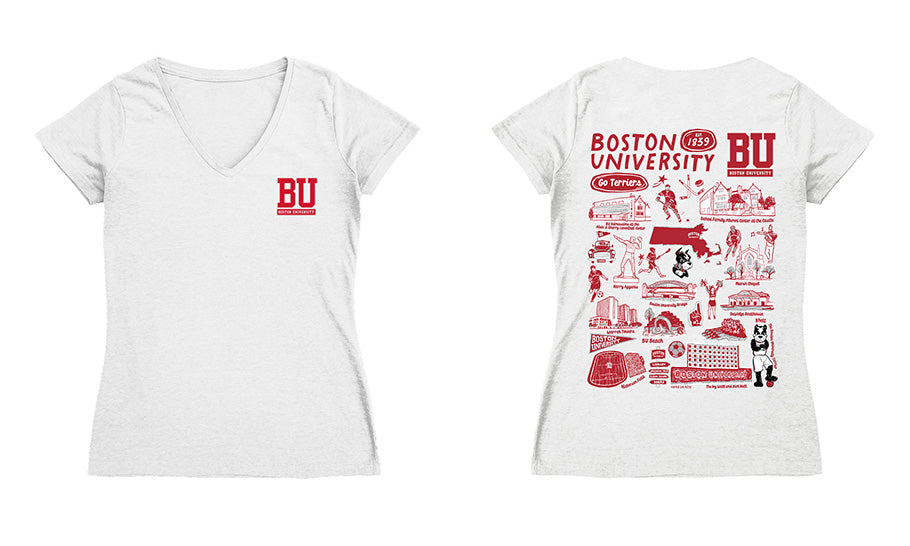 Boston University Hand Sketched Vive La Fete Impressions Artwork Red Women Cotton Short Sleeve V-Neck Tshirt