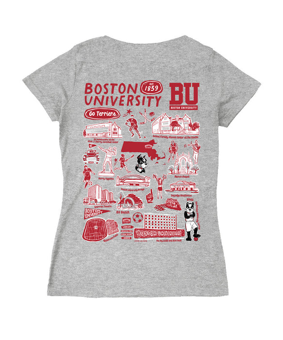 Boston University Hand Sketched Vive La Fete Impressions Artwork Red Women Cotton Short Sleeve V-Neck Tshirt