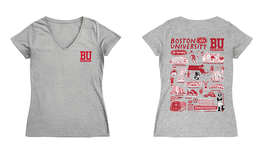 Boston University Hand Sketched Vive La Fete Impressions Artwork Red Women Cotton Short Sleeve V-Neck Tshirt