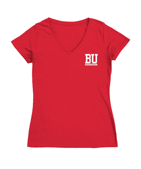 Boston University Hand Sketched Vive La Fete Impressions Artwork Red Women Cotton Short Sleeve V-Neck Tshirt