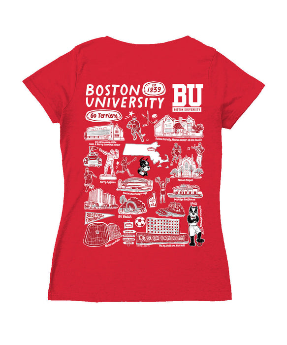Boston University Hand Sketched Vive La Fete Impressions Artwork Red Women Cotton Short Sleeve V-Neck Tshirt