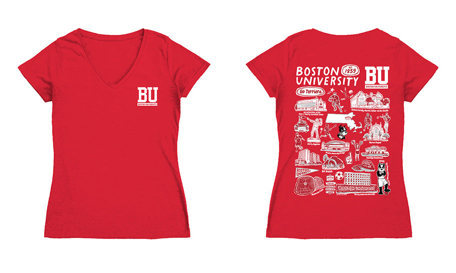 Boston University Hand Sketched Vive La Fete Impressions Artwork Red Women Cotton Short Sleeve V-Neck Tshirt