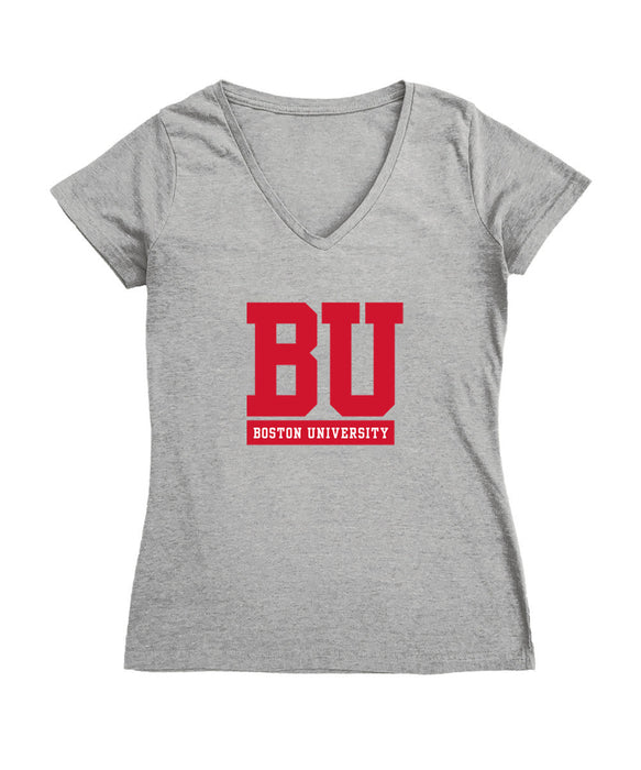 Boston University Women's V-neck Fitted Cotton T-Shirt Grey