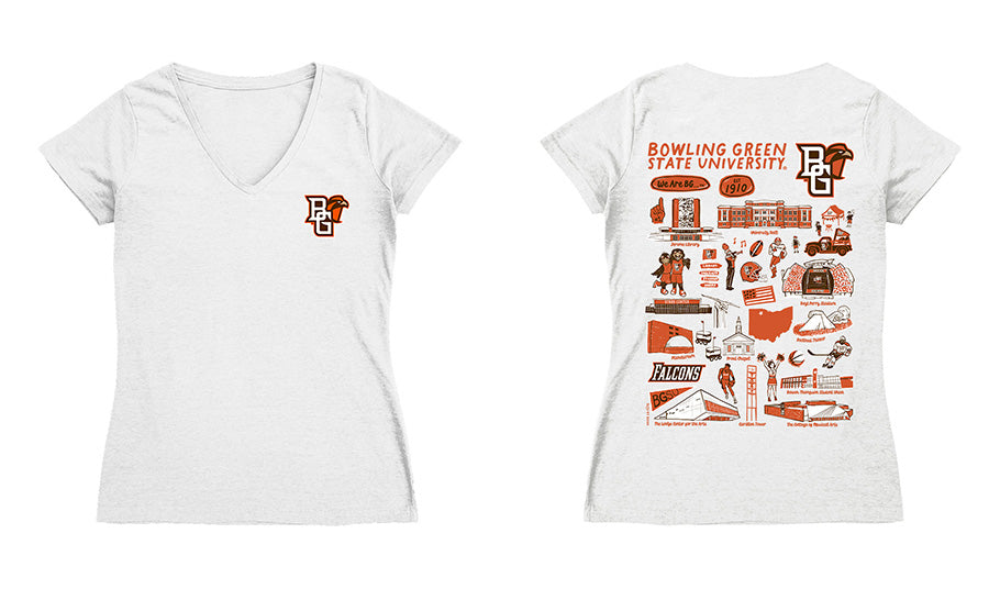 Bowling Green Falcons Hand Sketched Vive La Fete Impressions Artwork Women Cotton Short Sleeve V-Neck Tshirt