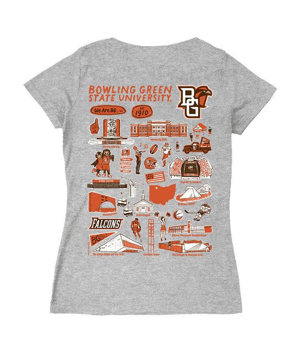 Bowling Green Falcons Hand Sketched Vive La Fete Impressions Artwork Women Cotton Short Sleeve V-Neck Tshirt