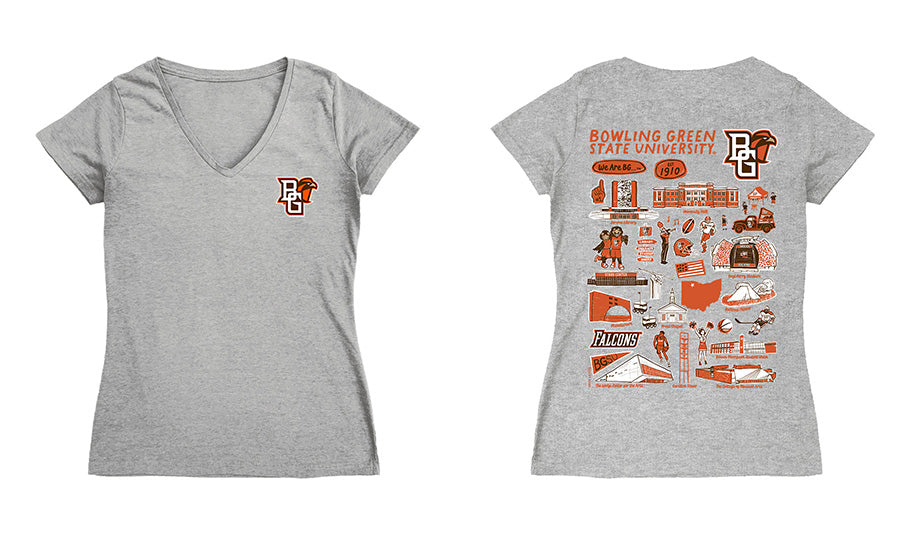 Bowling Green Falcons Hand Sketched Vive La Fete Impressions Artwork Women Cotton Short Sleeve V-Neck Tshirt