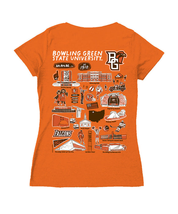 Bowling Green Falcons Hand Sketched Vive La Fete Impressions Artwork Women Cotton Short Sleeve V-Neck Tshirt