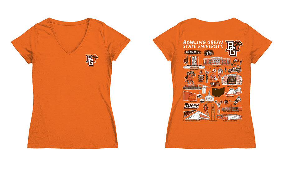 Bowling Green Falcons Hand Sketched Vive La Fete Impressions Artwork Women Cotton Short Sleeve V-Neck Tshirt