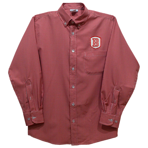 Bradley University Braves Embroidered Red Gingham Long Sleeve Button Down - Vive La Fête - Online Apparel Store