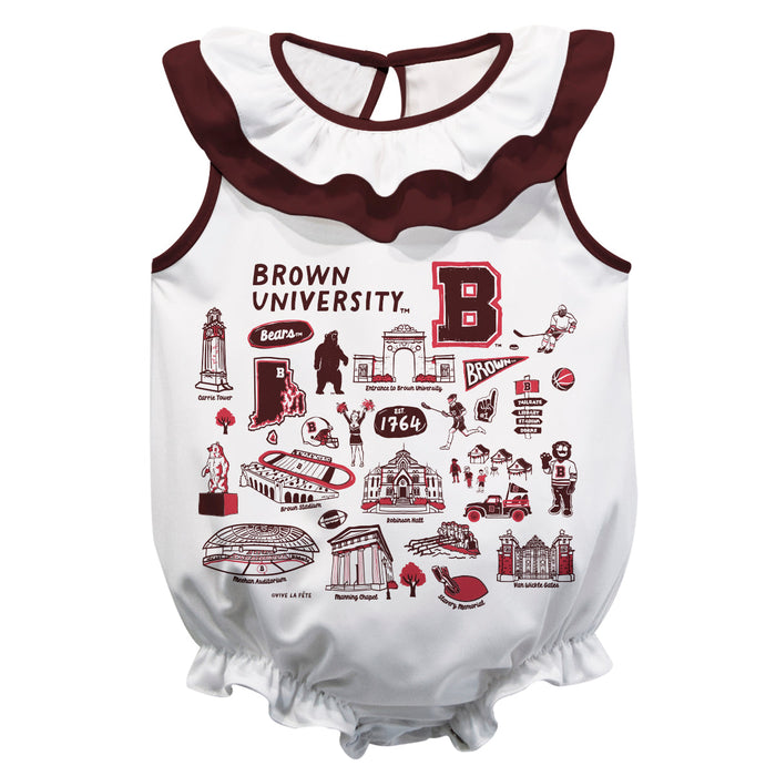 Brown University Bears  White Hand Sketched Vive La Fete Impressions Artwork Sleeveless Ruffle Onesie Bodysuit