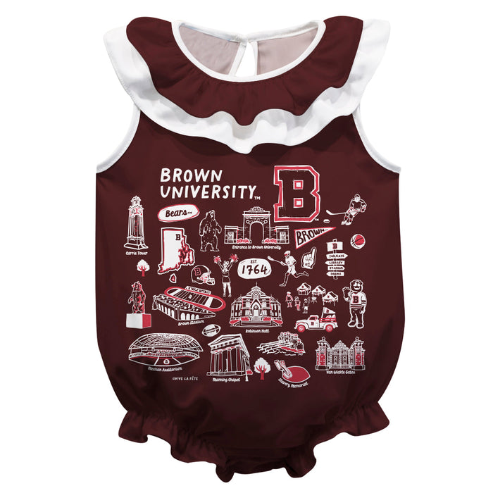 Brown University Bears  Brown Hand Sketched Vive La Fete Impressions Artwork Sleeveless Ruffle Onesie Bodysuit