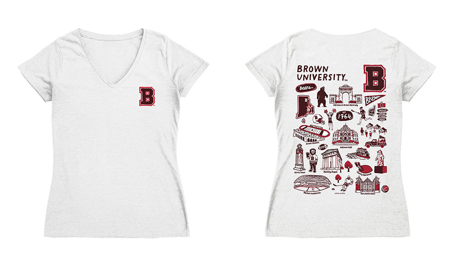 Brown University Bears Hand Sketched Vive La Fete Impressions Artwork Grey Women Cotton Short Sleeve V-Neck Tshirt