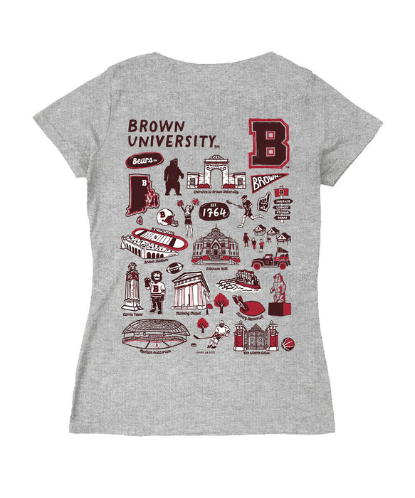 Brown University Bears Hand Sketched Vive La Fete Impressions Artwork Grey Women Cotton Short Sleeve V-Neck Tshirt