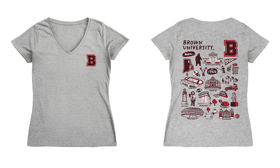 Brown University Bears Hand Sketched Vive La Fete Impressions Artwork Grey Women Cotton Short Sleeve V-Neck Tshirt