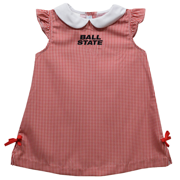 Ball State Cardinals Embroidered Cardinal Red Gingham A Line Dress
