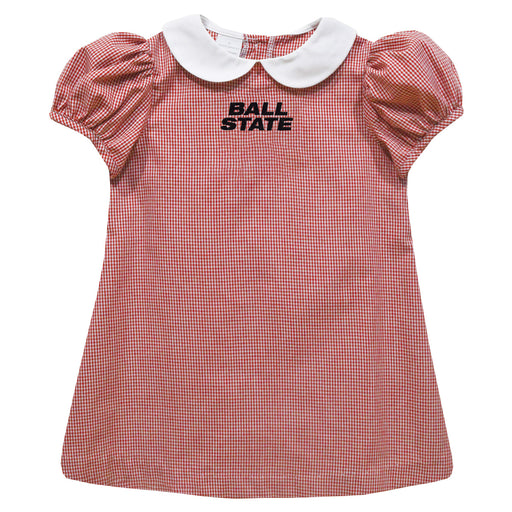 Ball State Cardinals Embroidered Cardinal Red Gingham Short Sleeve A Line Dress