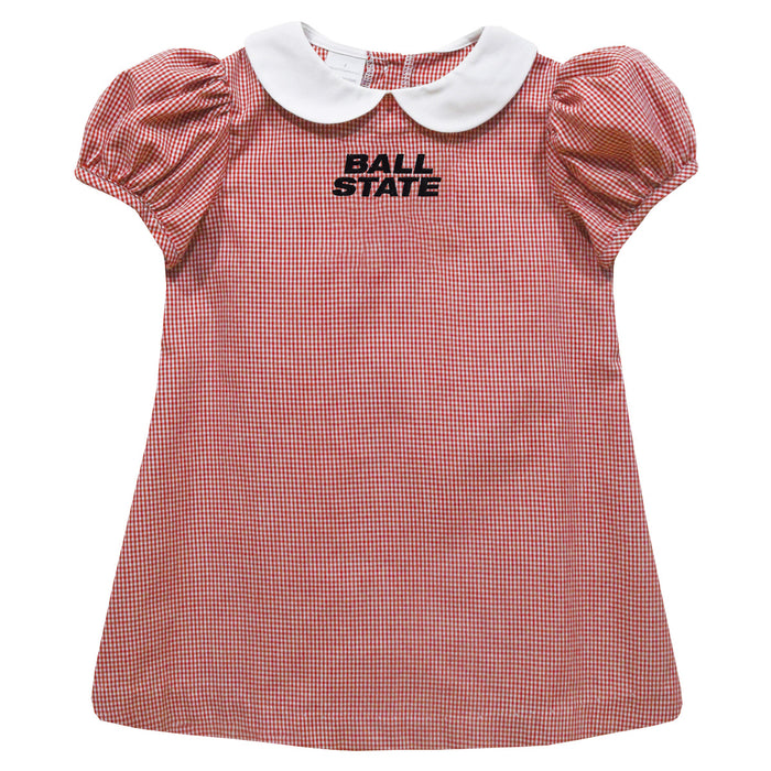 Ball State Cardinals Embroidered Cardinal Red Gingham Short Sleeve A Line Dress