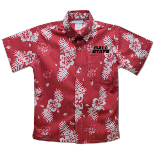 Ball State Cardinals Embroidered Cardinal Red Hawaiian Short Sleeve Button Down Shirt
