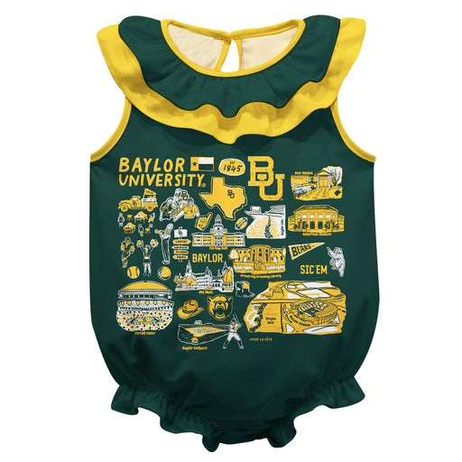 Baylor Bears  Green Hand Sketched Vive La Fete Impressions Artwork Sleeveless Ruffle Onesie Bodysuit