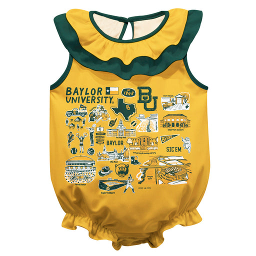 Baylor Bears  Gold Hand Sketched Vive La Fete Impressions Artwork Sleeveless Ruffle Onesie Bodysuit