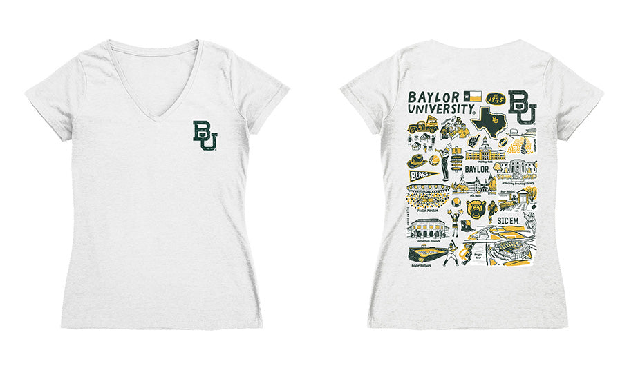 Baylor Bears Hand Sketched Vive La Fete Impressions Artwork Green Women Cotton Short Sleeve V-Neck Tshirt
