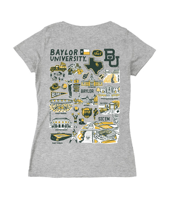 Baylor Bears Hand Sketched Vive La Fete Impressions Artwork Green Women Cotton Short Sleeve V-Neck Tshirt