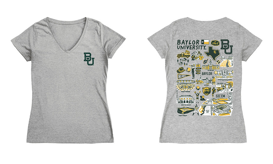 Baylor Bears Hand Sketched Vive La Fete Impressions Artwork Green Women Cotton Short Sleeve V-Neck Tshirt
